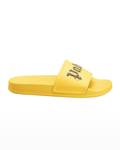 Shop Palm Angels Men's Script Logo Pool Slide Sandals In Yellow / Black