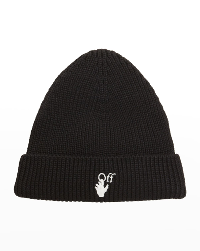 Shop Off-white Men's Hand-off Ribbed Wool Beanie In 1001 Black White