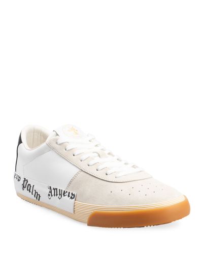 Shop Palm Angels Men's Typographic Mix-leather Low-top Sneakers In White / Black