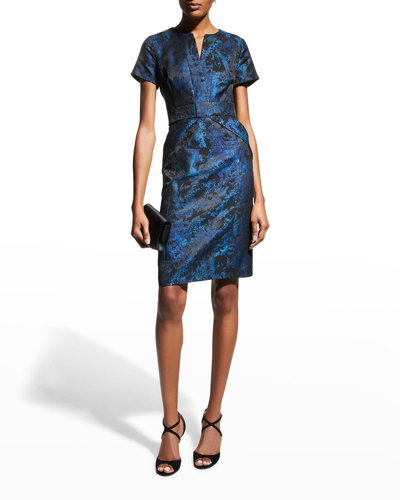 Shop Shani Short-sleeve Jacquard Bow Dress In Blue