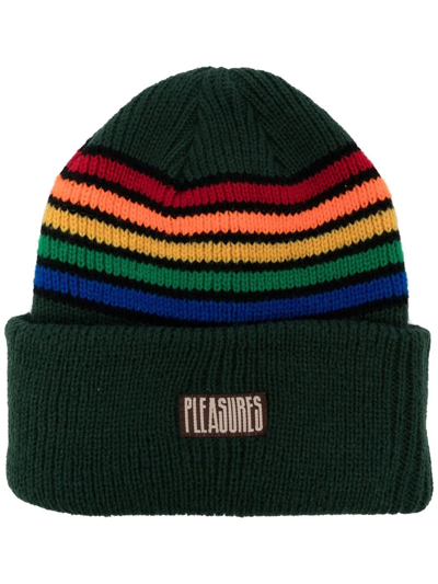 Shop Pleasures Rainbow-stripe Knit Beanie Hat In Grün