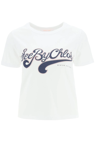 Shop See By Chloé Logo Print T-shirt In White,blue