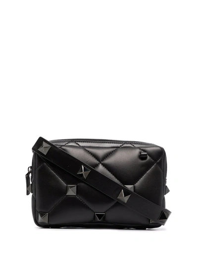 Shop Valentino Roman Stud Diamond-quilted Shoulder Bag In Black