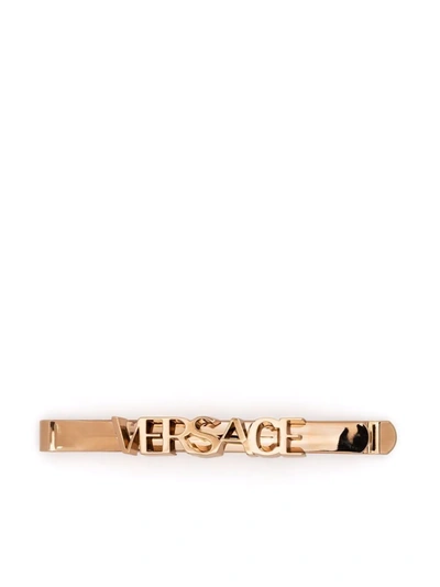 Shop Versace Logo-lettering Pin In Gold