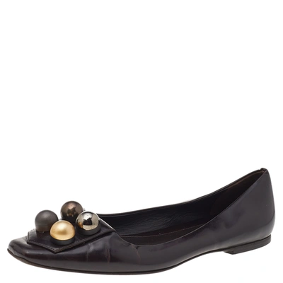 Pre-owned Fendi Dark Brown Leather Embellished Ballet Flats Size 39