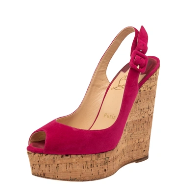 Pre-owned Christian Louboutin Red Suede Une Plume Peep Toe Slingback Cork Wedges Size 37 In Blue
