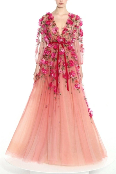 Shop Marchesa Embellished V-neck Floral Gown In Pink