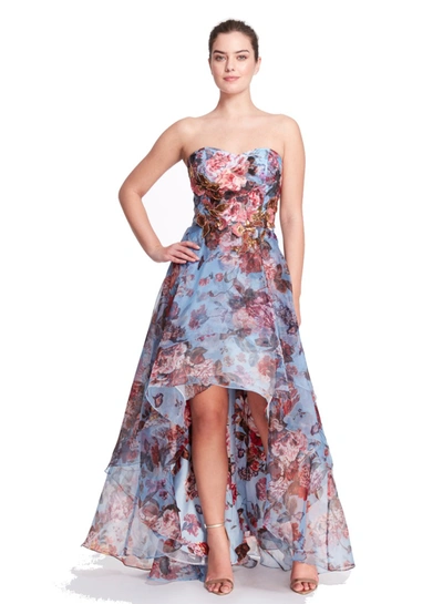 Shop Marchesa Notte Strapless Printed Organza Hi-lo Gown In Pink