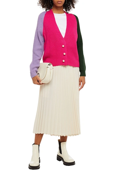 Shop Olivia Rubin Color-block Ribbed-knit Cardigan In Fuchsia