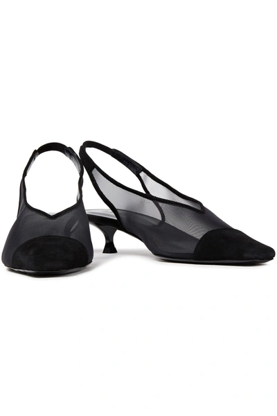 Shop By Far Kendall Suede-trimmed Mesh Slingback Pumps In Black