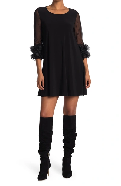 Shop Nina Leonard Ruffle Mesh Sleeve Dress In Black
