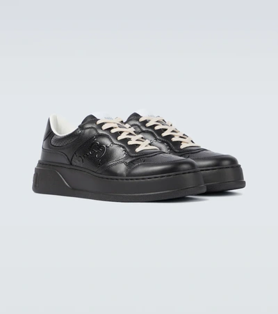 Shop Gucci Leather Gg-embossed Sneakers In Black/black/black/bl