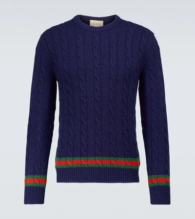 Shop Gucci Cable Knit Crewneck Sweater In Inchiostro/mc