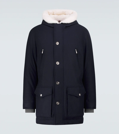 Shop Brunello Cucinelli Hooded Wool-blend Down Coat In Navy