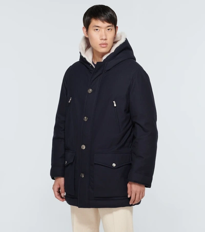 Shop Brunello Cucinelli Hooded Wool-blend Down Coat In Navy