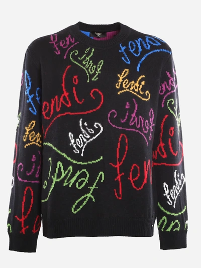 Shop Fendi Wool Sweater With Multicolor Abstract Motif In Black