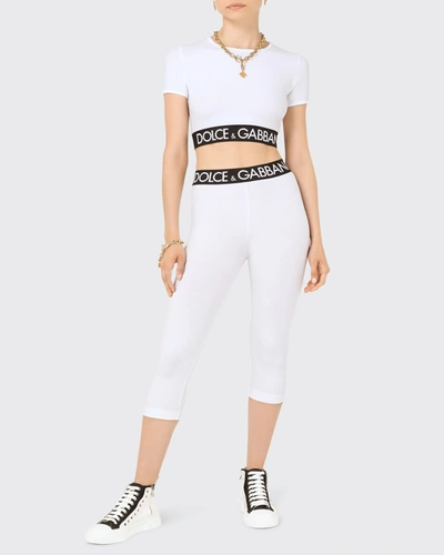 Shop Dolce & Gabbana Next Cropped T-shirt With Branded Elastic In Bianco Ottico