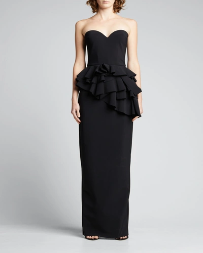 Shop Chiara Boni La Petite Robe Strapless Ruffle-tiered Peplum Gown In Black