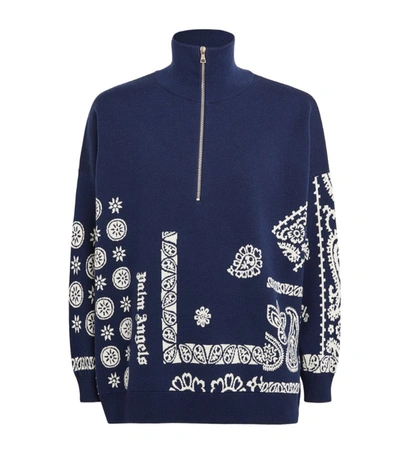 Shop Palm Angels Half-zip Printed Sweatshirt In Blue