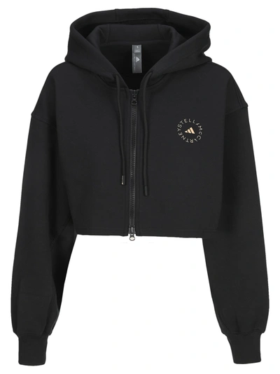 Shop Adidas By Stella Mccartney Logo Print Zipped Hoodie In Black