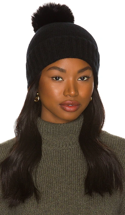 Hat Attack Cashmere Slouchy Cuff Beanie With Faux Fur Pom In Black