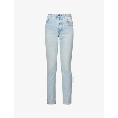 Shop Off-white Logo-print Straight-leg High-rise Denim Jeans In Light Blue
