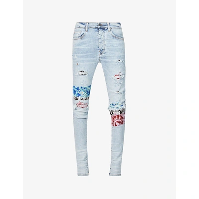 Shop Amiri Mens Blue/pink Pajama Art Patch Distressed Slim-fit Jeans 32