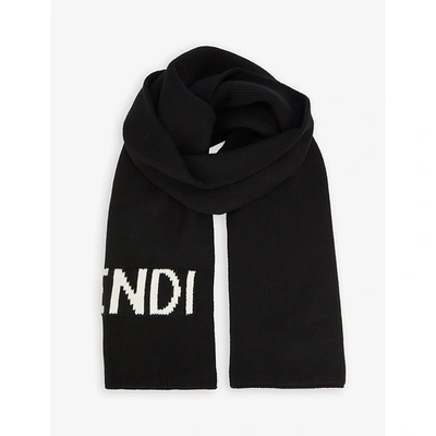 Shop Fendi Mens Nero Bianco Brand-pattern Purl-knit Wool Scarf