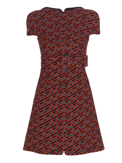 Shop Versace Greca Logo Printed Belted Mini Dress In Multi
