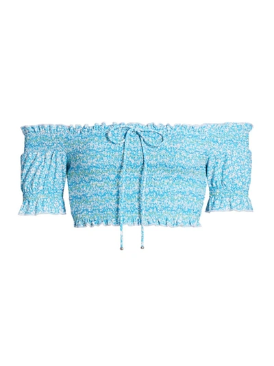 Shop Jonathan Simkhai Chloe Floral Smocked Bikini Top In Capri