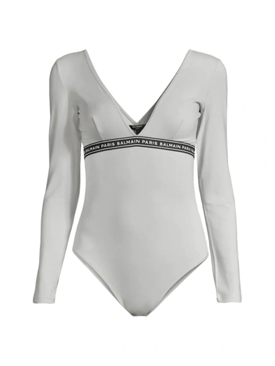 Shop Balmain Women's Logo Band Jersey Bodysuit In Light Grey