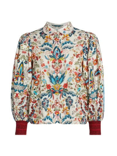 Shop Alice And Olivia Women's April Embroidered Floral Blouse In Off White Multi