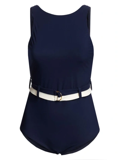 Shop Karla Colletto Swim Katherine Boatneck Belted One-piece Swimsuit In Navy Cream