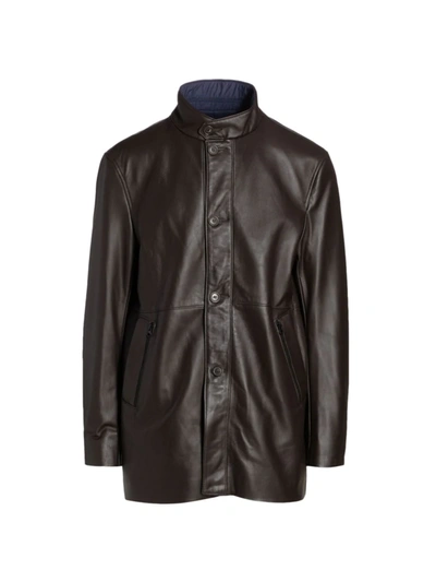Shop The Fur Salon Men's Leather Stand Collar Longline Jacket In Brown Navy
