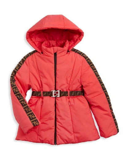 Shop Fendi Little Girl's & Girl's Logo Belted Puffer Jacket In Coral