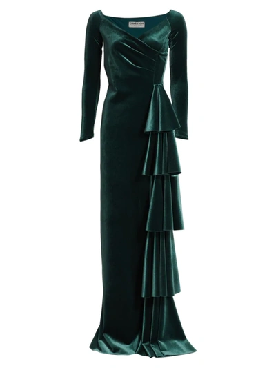 Shop Chiara Boni La Petite Robe Trinity Velvet Ruffle Gown In Rich Green