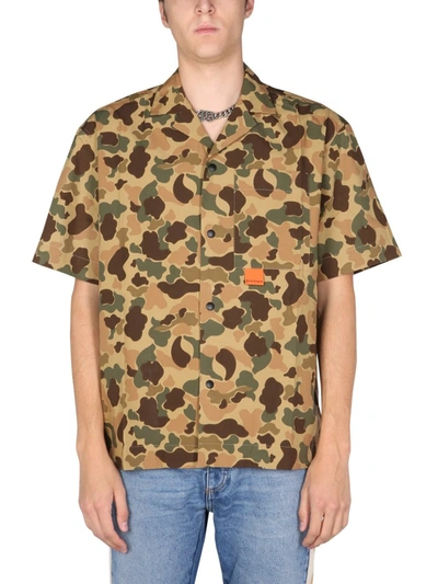 Shop Palm Angels "camo Bowling" Shirt In Military Green