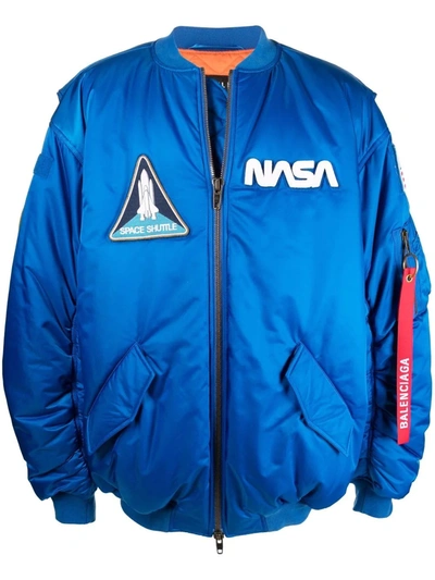 Shop Balenciaga Multi-patch Nasa Bomber Jacket In Blue