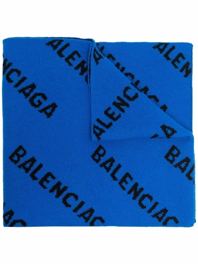 Shop Balenciaga Intarsia-knit Logo Scarf In Blue