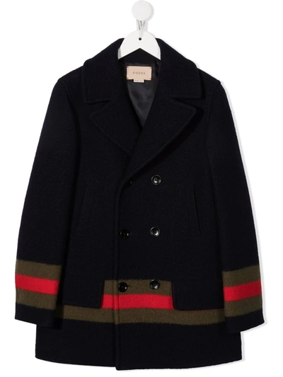 Shop Gucci Wool Stripe-trim Double-breasted Coat In Blue
