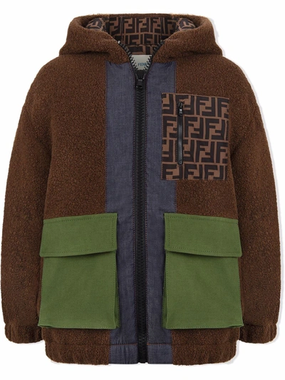 Shop Fendi Hooded Shearling Patchwork Jacket In Brown