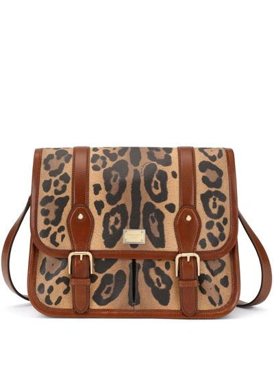 Shop Dolce & Gabbana Leopard-print Leather Satchel Bag In Braun