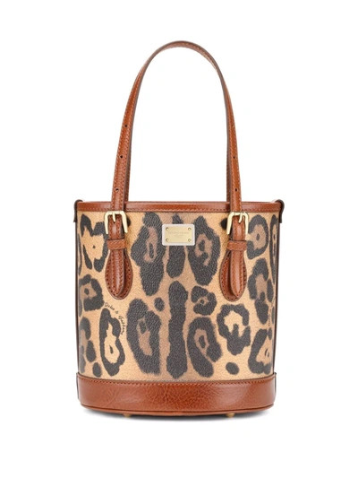 Dolce & Gabbana Small Leopard-print Bucket Bag In Brown