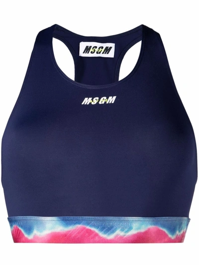 Shop Msgm Tie-dye Print Sports Bra In Blau