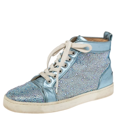 Pre-owned Christian Louboutin Light Blue Leather Crystals Embellished Louis Orlato High Top Trainers Size 38