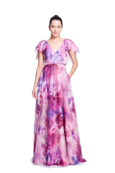 Shop Marchesa Notte V-neck Printed Chiffon Cape Sleeve Gown In Purple