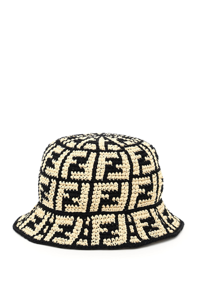 Shop Fendi Ff Motif Raffia Bucket Hat In Multi