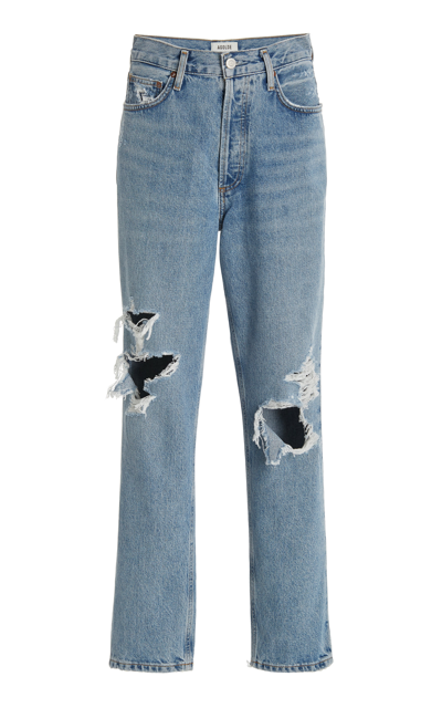 Shop Agolde Women's Fen Distressed Rigid High-rise Cropped Relaxed Tapered-leg Jeans In Medium Wash