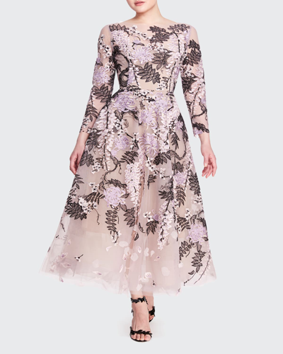 Shop Marchesa Floral-embroidered Tea-length Dress In Lavender