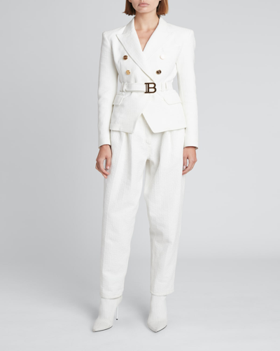 Shop Balmain Monogram Double-breasted Denim Belted Blazer In White